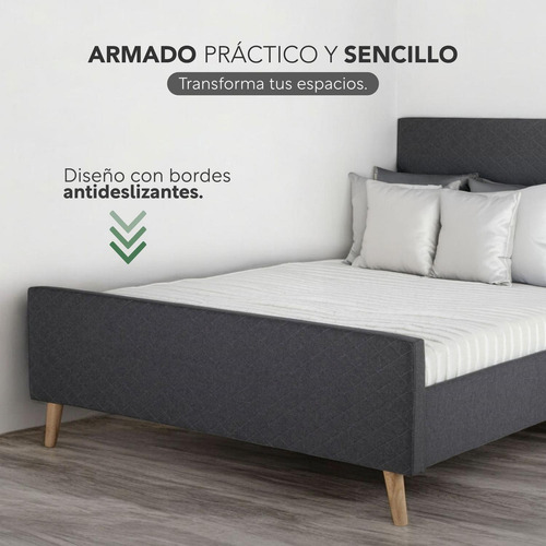 Base Para Cama Individual y Cabecera Con Tapizado Estructura Metal Madera Box Gris KingsHouse