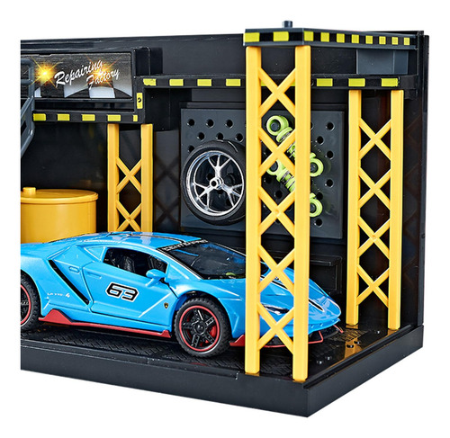 Garaje De Taller De Reparación 1/32, Con Modelo Carro Azul