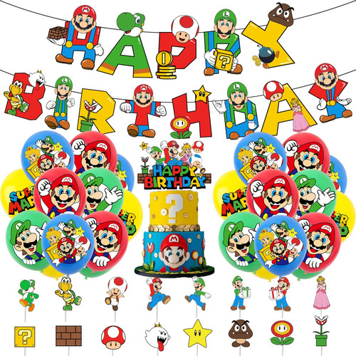 Globos De Fiesta Cumpleaños Decoración Mario Bros Temática Color Azul Estrellas