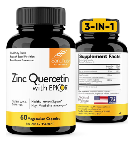 Sandhus Zinc Quercetina Con Epicor 60 Vegcaps Sabor Sin Sabor
