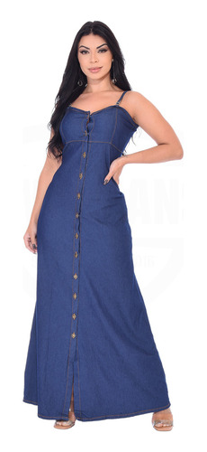 Vestido Longo Jeans Alcinha Regata Botões Frontal - Escuro