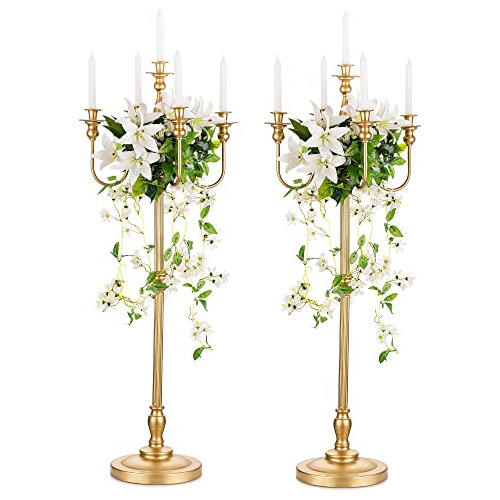 Candelabro Dorado Para Bodas: Pie Floral Para 5 Velas, 2 Uni