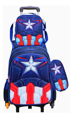 Mochila Escolar Con Ruedas Capitan America  42 Cm Set 3 Pzas Lonchera Lapicera Diseño 3d