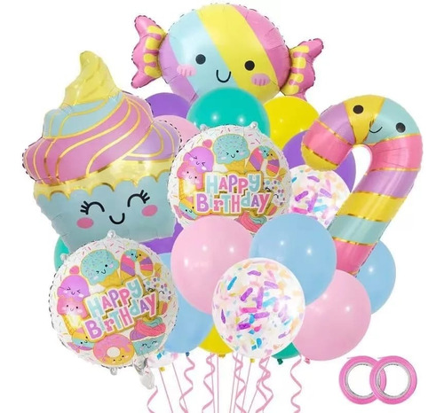 Set Globos Látex Y Globos Metálicos Caramelos Y Dulces