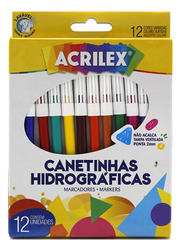 Canetinhas Hidrograficas 12 Cores Acrilex - Pct C/ 12 Caixas