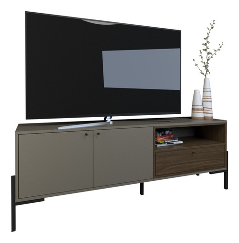 Rack Modular Mesa Tv Led Moderno Patas Hierro Metal Wood Color Gris Nogal