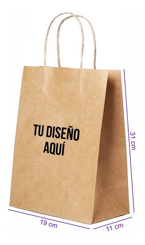 100 Bolsas Papel Kraft 90gr Impresas Con Tu Marca 19x31x11cm