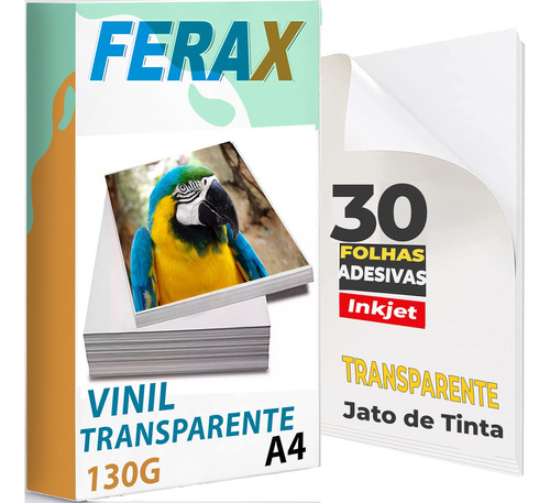 Adesivo Vinil Transparente 100%, Jato Tinta A4 - 30 Folhas