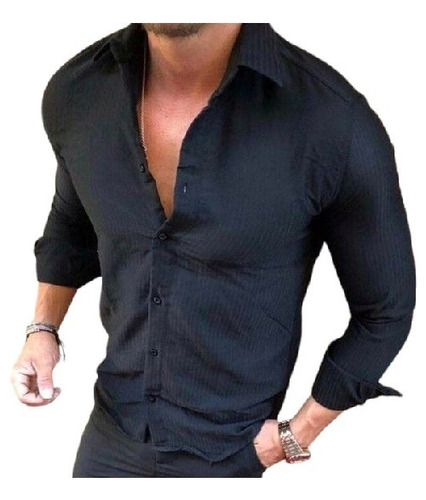 Camisa De Lino Moda Casual Para Hombre Corte Slim Fit Negra