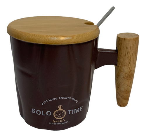 Taza De Ceramica Con Tapa Y Cuchara Solo Time Cafe