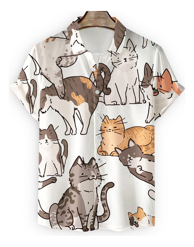 Camisa Hombre Suelta Estampado Gato Manga Corta Tops Hombre