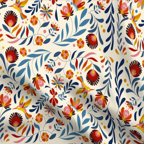 Telas Estampadas Mexicanas Otomí Tenango Típico 1.10x1.50m Color Colibries Fondo Beige