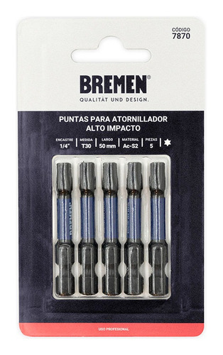 Punta Atornillador Impacto Bremen Torx T30 X 50mm X 5u 7870