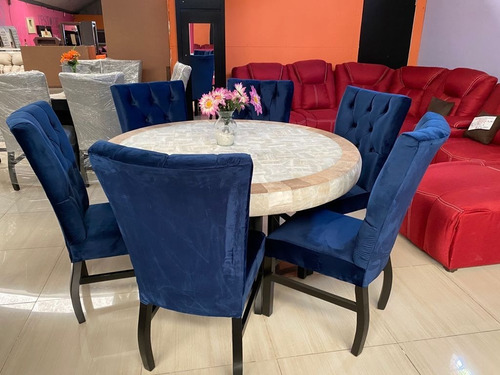 Comedor 6 Sillas Cubierta Circular Piedra Onix Iluminado Led Diseño De La Tela De Las Sillas