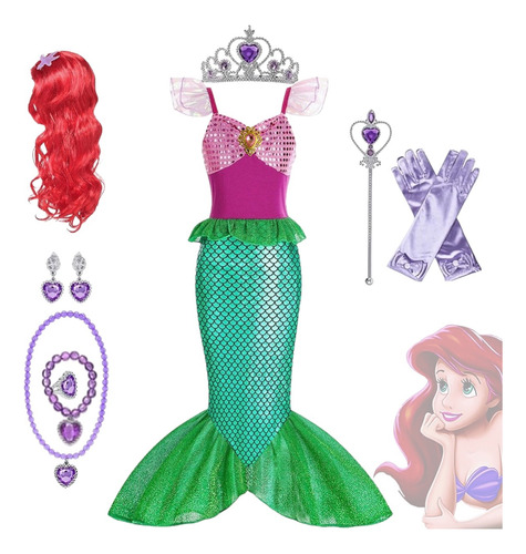 Disfraz Sirenita - Disfraz Princesa Ariel + Peluca Y Accesorios Incluidos (peluca, Corona, Aros, Collar, Pulsera, Anillo, Guantes, Varita)