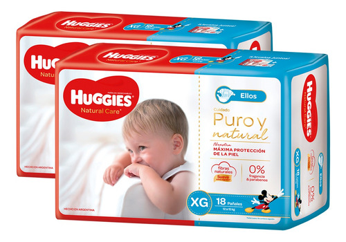 Pañales Xg Huggies Natural Care Ellos X 18u. Combo X2 Pack