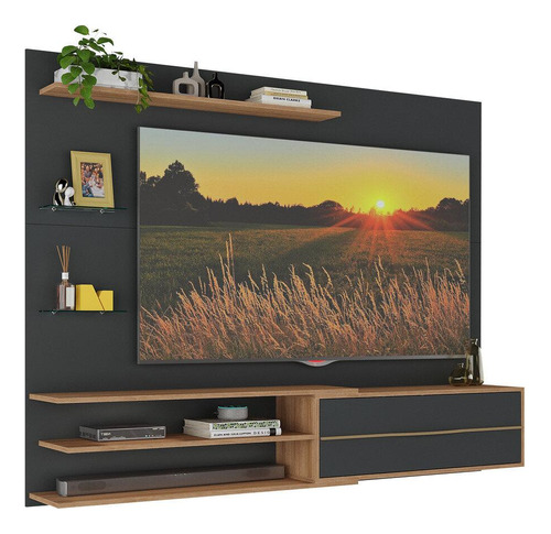 Painel Com Suporte Tv Até 65 Com 1 Porta Multimóveis Mp1073 Cor Preto/Rustic