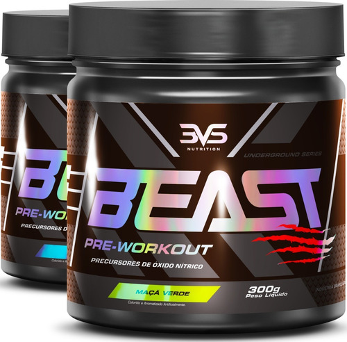 2 Potes Do Pré Treino Beast 300g Sabor: Maça Verde - Promove Vasodilatação, Recuperação Energética, Aumento De Óxido Nítrico, Desintoxicação E Melhora De Concentração E Foco