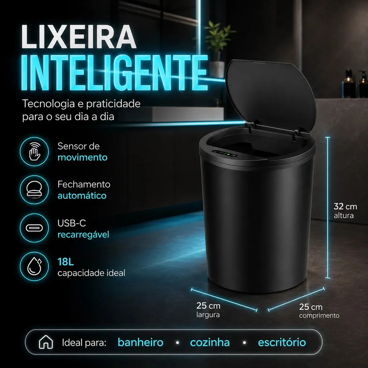 Lixeira Inteligente Automática Preta Universal Com Sensor Lumi Recarregável Anti Odor 16l