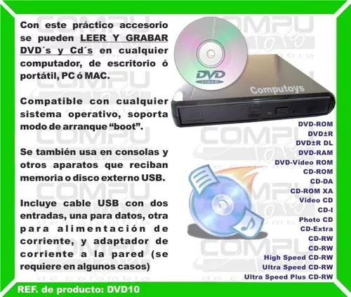 Lector CD/DVD + Quemador CD Externo USB 2.0