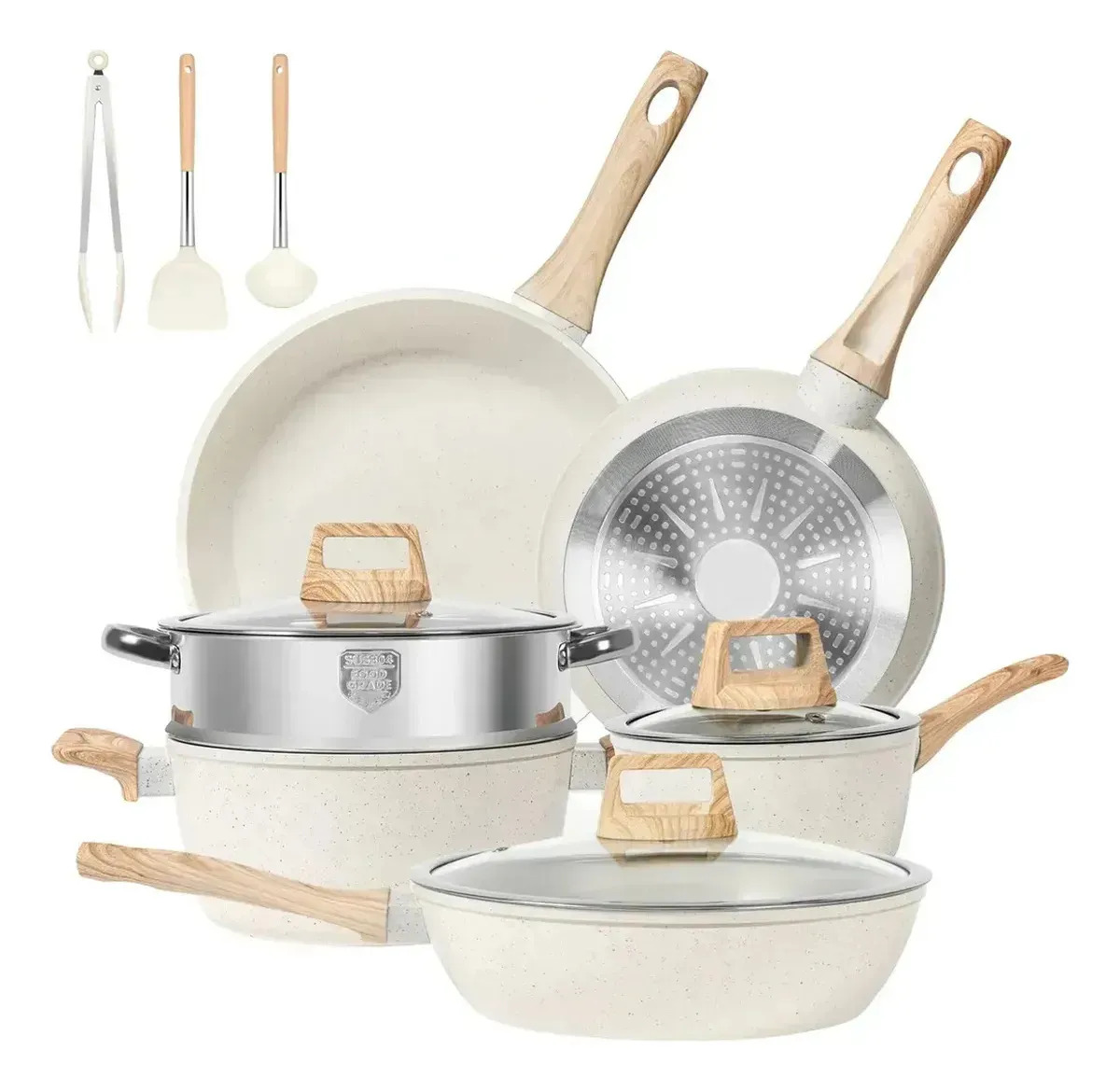 Batería Cocina Antiadherente Inducción 12 Piezas Granito LG Beige