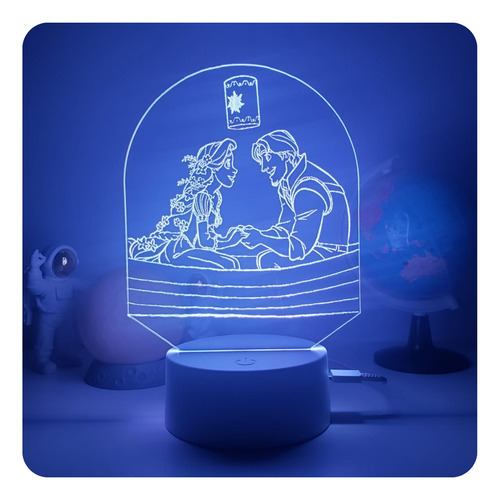 Luminária De Led 3d Desenho Enrolados, Disney, Princesa. Cúpula 16 Cores Estrutura Branco