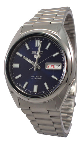 Reloj Pulsera Seiko 5 Con Correa De Acero Inoxidable Color Plateado - Fondo Azul