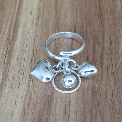 Imagen 4 de 9 de Anillo Corazones Colgantes Ajustable De Plata .925 Agálea