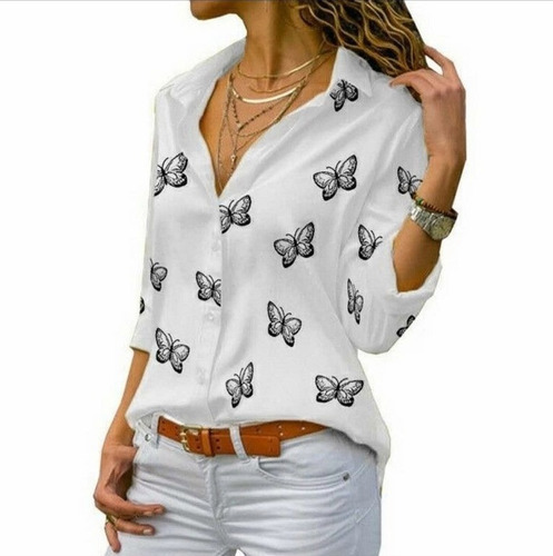 Blusa De Manga Larga Con Cuello En V Y Estampado De Maripos