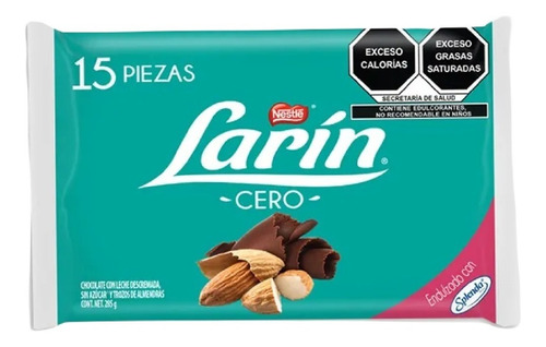 Imagen 1 de 3 de Larin Chocolate Sin Azucar, Con Trozos De Almendras 15 Pzas