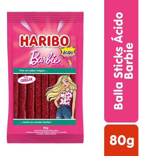 Imagem 1 de 1 de Balla Sticks Barbie Ácido Cereja Haribo Mattel 80g