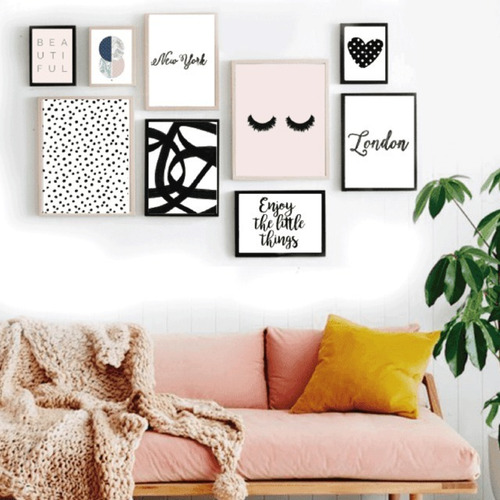 Imagen 1 de 1 de Combo Set Cuadros Decorativos Habitación Set X 9 Rosa Negro