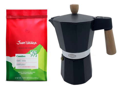 Pack Café Juan Valdez Molido 250gr + Cafetera Moka 9 Tazas
