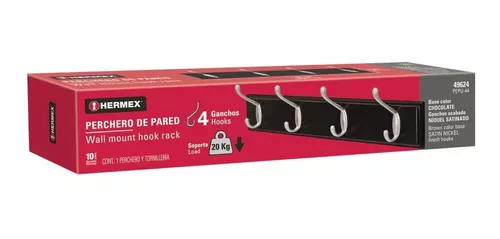 Perchero para pared con 4 ganchos satinados, Hermex, Ganchos Tipo