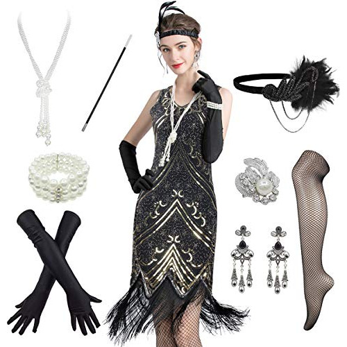 Mujeres 1920s Vintage Flapper Fringe Gatsby Party Traje...