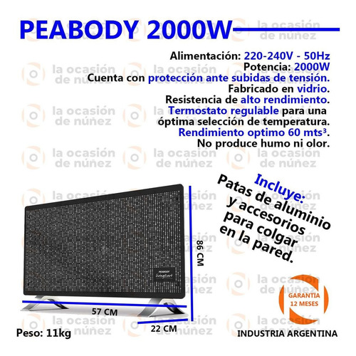 Imagen 2 de 6 de Calefactor Electrico Peabody Vitro Convector 2000w