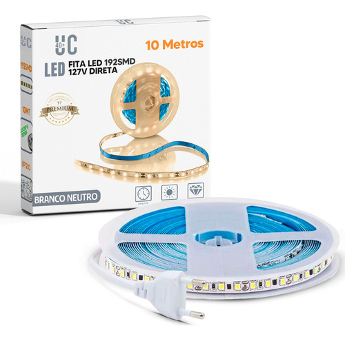 Fita Led Profissional 28w/m 192 Leds/m Smd 2835 Flexível 10m Ip20 Branco Neutro 4500k Luminária Direta Energia