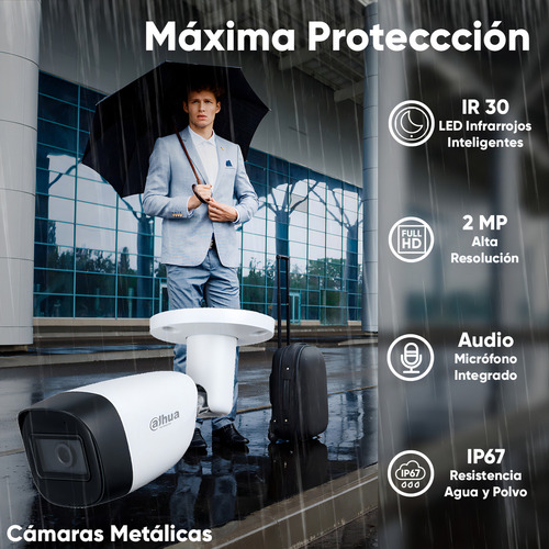 Kit videovigilancia cronos 16 cámaras Dahua bala HFW1200CM-A Con audio metálicas 2mp + bobina cable UTP + Baluns + accesorios - kit cctv DH-KIT-MET16CH-SDD (dvr dahua XVR1b16-i circuito cerrado)