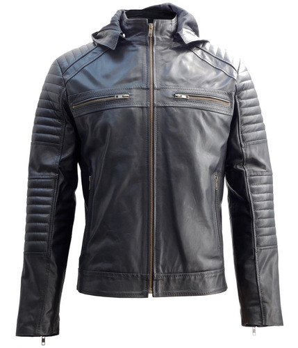 Campera De Cuero Vacuno Para Hombre Estilo Motociclista Cuello Mao Capucha Desmontable Y Fuelles En Espalda Liam Leather