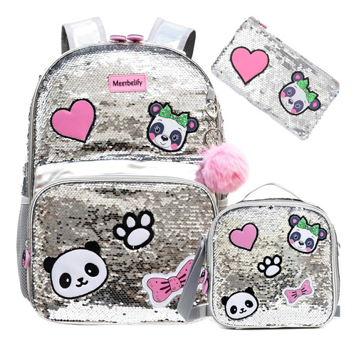 Mochila Escolar Con Lentejuelas De 3 Piezas Oso Panda 