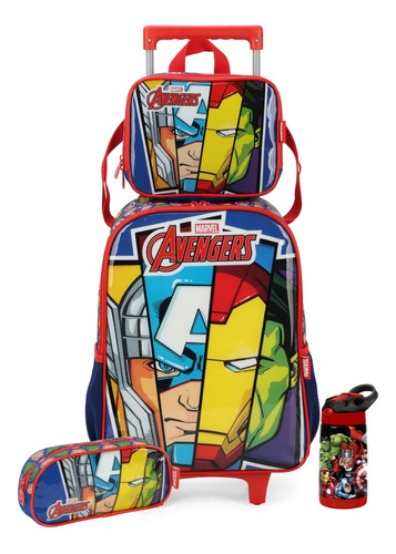 Kit Mochila Rodas Lancheira Estojo Garrafa Marvel Avengers Cor Azul