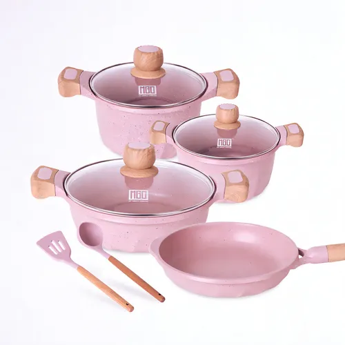 Jogo Panelas Antiaderente Revestimento Mármore 9 Peças Cor Rosa