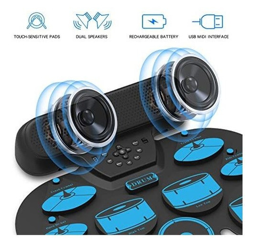 Bateria Electronica Para Niños De Silicona Con Pedal Baqueta Negro Con Azul