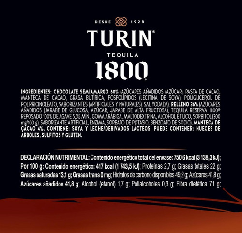 1 Tubo 180g Turin Tequila 1800 Reserva Chocolates Con Licor