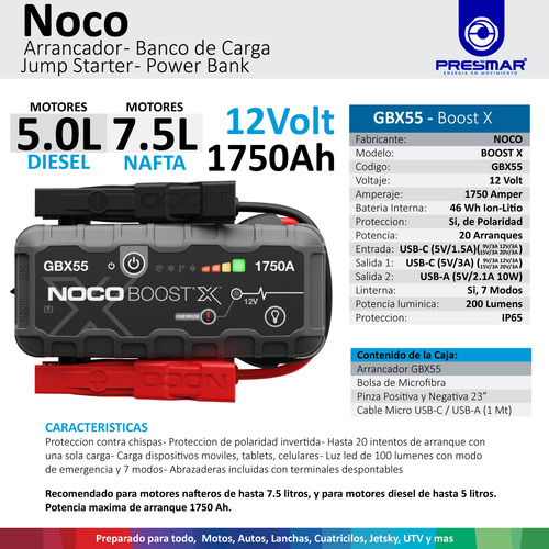 Imagen 2 de 10 de Arrancador Portatil Auto Power Bank Cargador Usb Noco 1750a