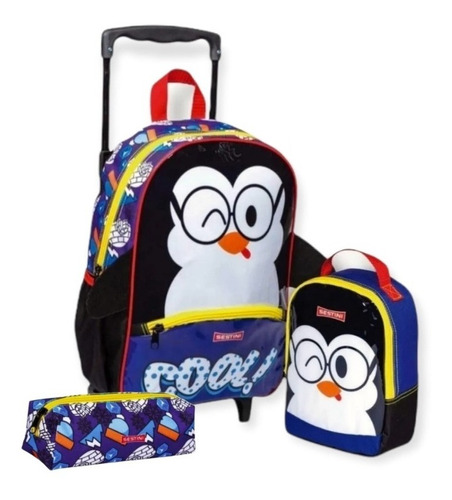 Kit Mochila Escolar Infantil Meninos Pinguim Rodinhas M 