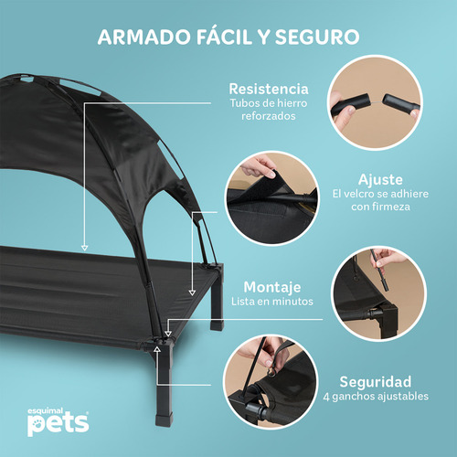 Cama Elevada Para Perro Con Toldo Impermeable Y Malla Transpirable Ideal En Calor, Catre De Mascotas Esquimal Pets, Negro, 106x76x88cm