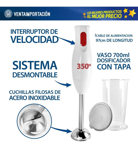 Imagen 2 de 6 de Minipimer Mixer Batidora De Mano + Vaso Dosificador + Tapa