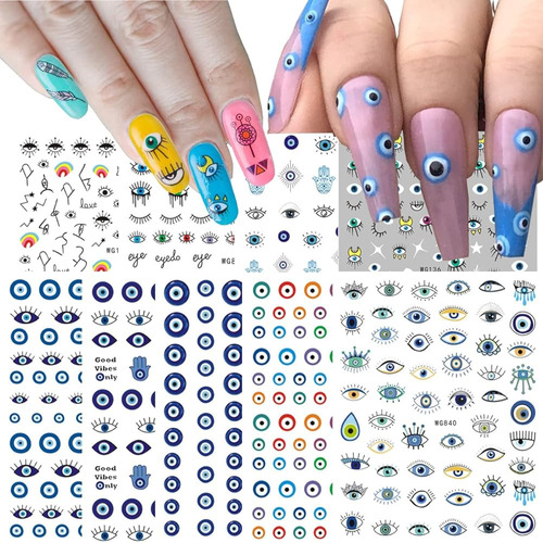 ~? 9 Hojas Evil Eye Nail Stickers Para Nail Art, 3d Self-adh
