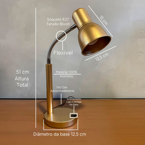 Luminaria de Mesa Abajur Flexivel Lateral de Cama Cabeceira Quarto Leitura Soquete E27 Fio 1,5m com Liga e Desliga Na Base Tensao Bivolt
